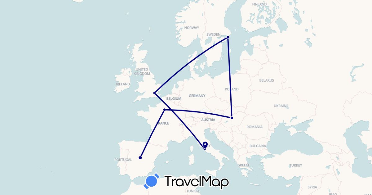 TravelMap itinerary: driving in Spain, France, United Kingdom, Hungary, Sweden, Vatican City (Europe)